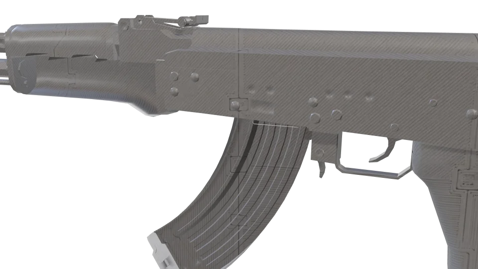3D Printed camo on an AK-47, close-up of the receiver and magazine