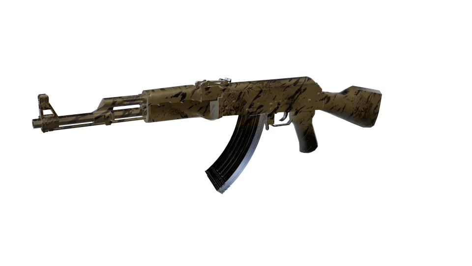 Anaconda camo on an AK-47, front three-quarter view