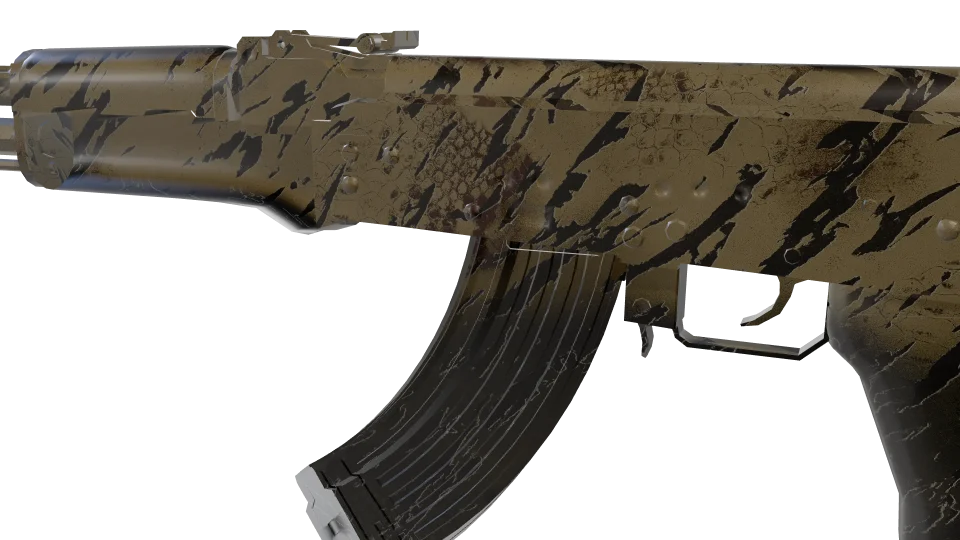Anaconda camo on an AK-47, close-up of the receiver and magazine