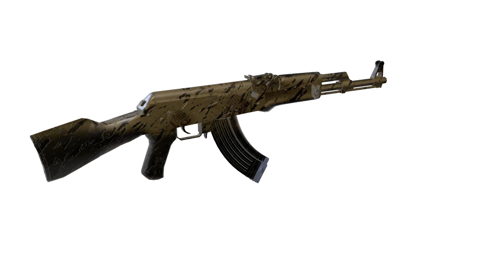 Anaconda camo on an AK-47, rear three-quarter view