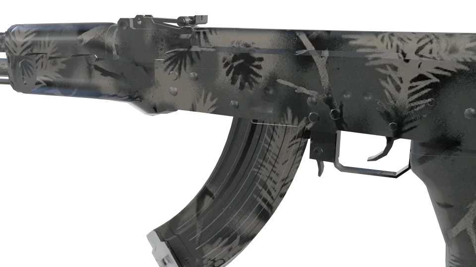 Ash Pine camo on an AK-47, close-up of the receiver and magazine