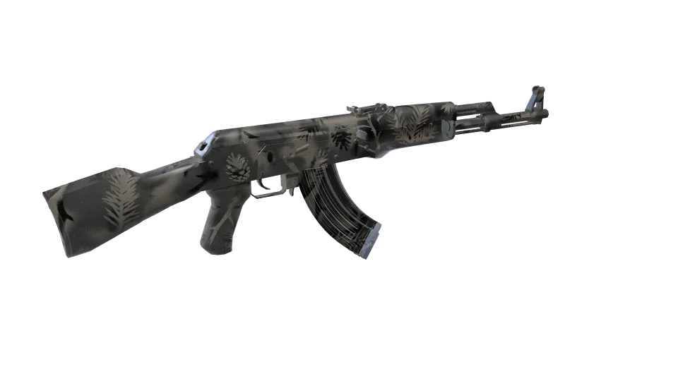 Ash Pine camo on an AK-47, rear three-quarter view