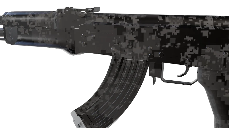 Asphalt camo on an AK-47, close-up of the receiver and magazine