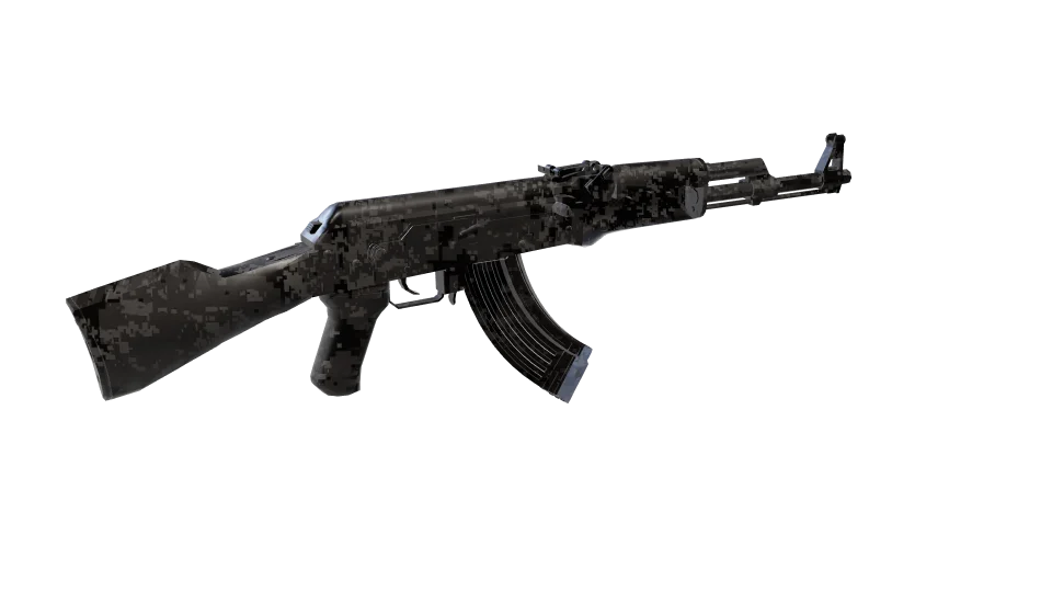 Asphalt camo on an AK-47, rear three-quarter view