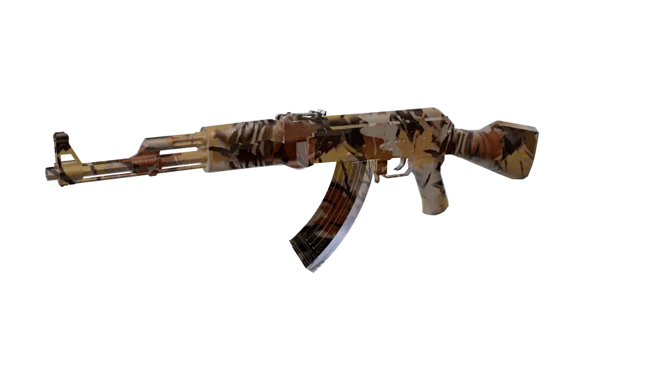 Autumn camo on an AK-47, front three-quarter view