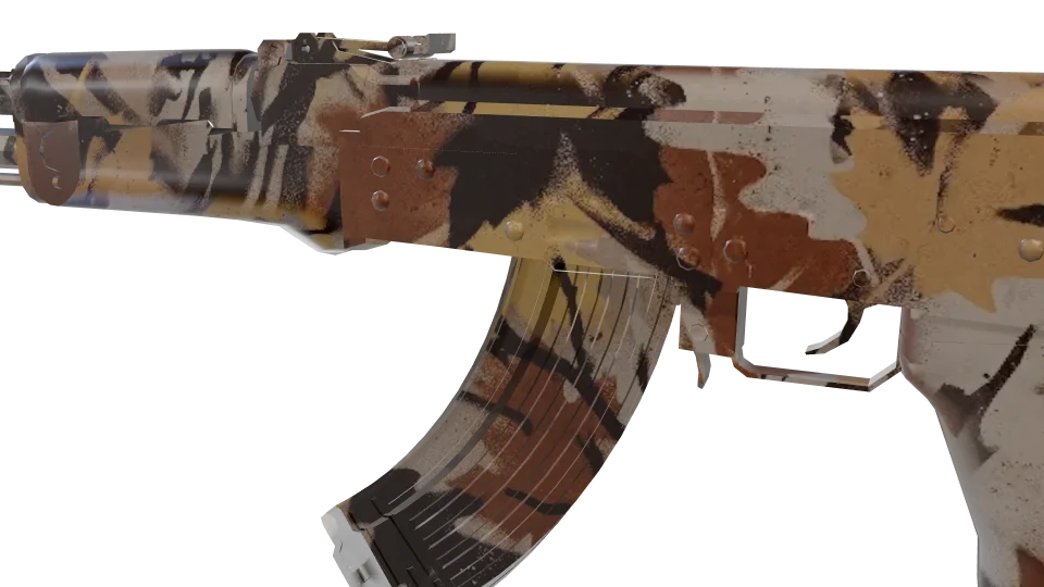 Autumn camo on an AK-47, close-up of the receiver and magazine