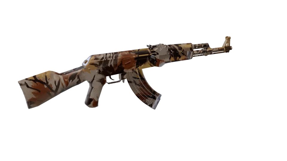Autumn camo on an AK-47, rear three-quarter view