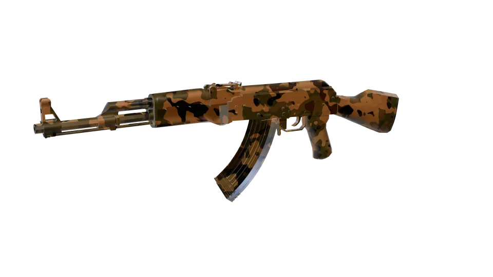 Backcountry camo on an AK-47, front three-quarter view