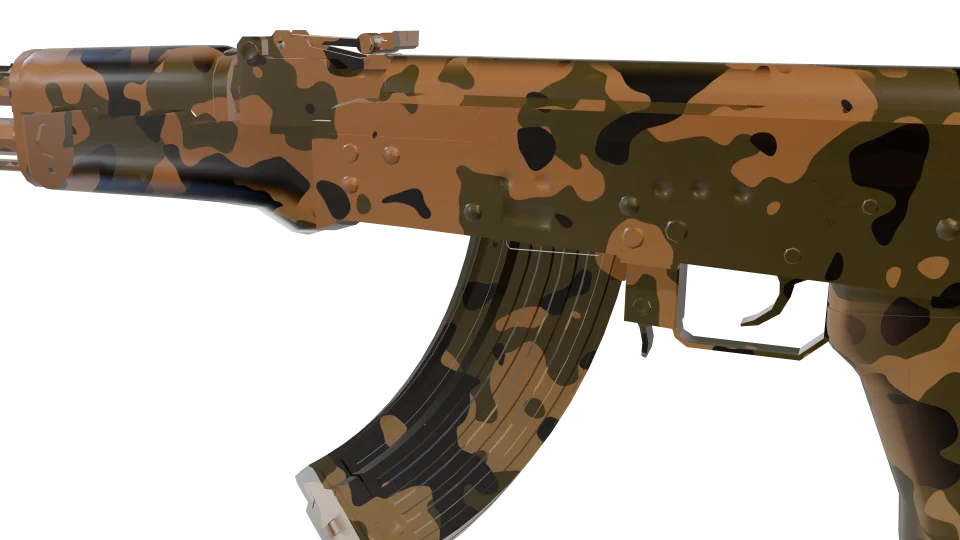 Backcountry camo on an AK-47, close-up of the receiver and magazine
