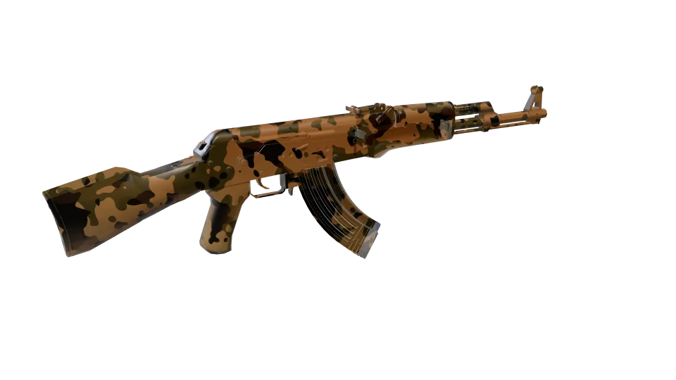 Backcountry camo on an AK-47, rear three-quarter view