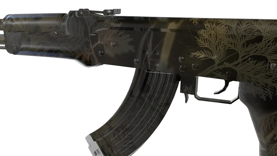 Base J 08 camo on an AK-47, close-up of the receiver and magazine