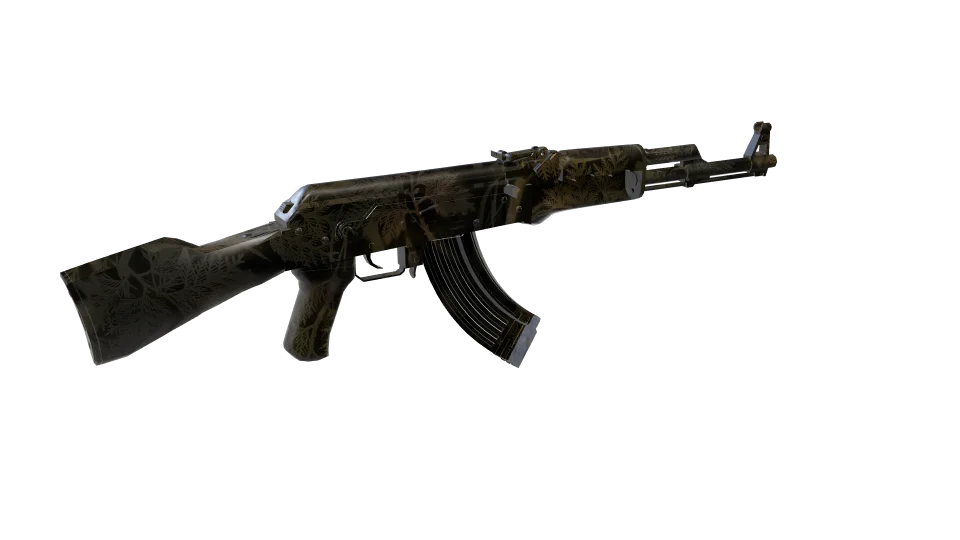 Base J 08 camo on an AK-47, rear three-quarter view