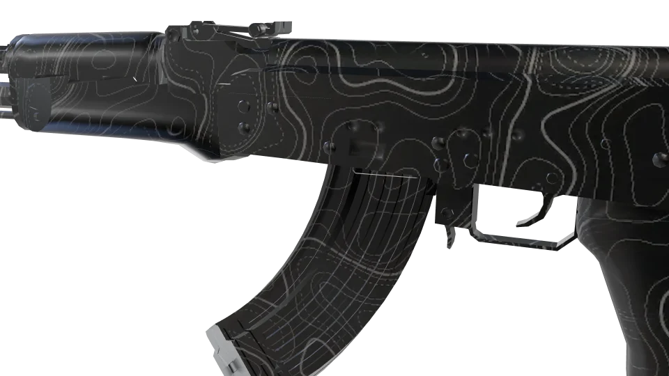 Black Topo camo on an AK-47, close-up of the receiver and magazine
