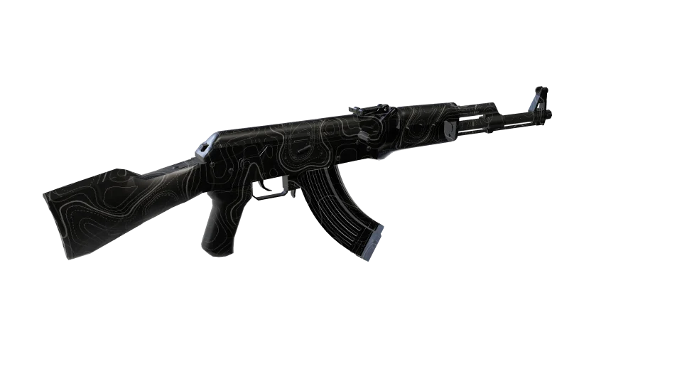 Black Topo camo on an AK-47, rear three-quarter view
