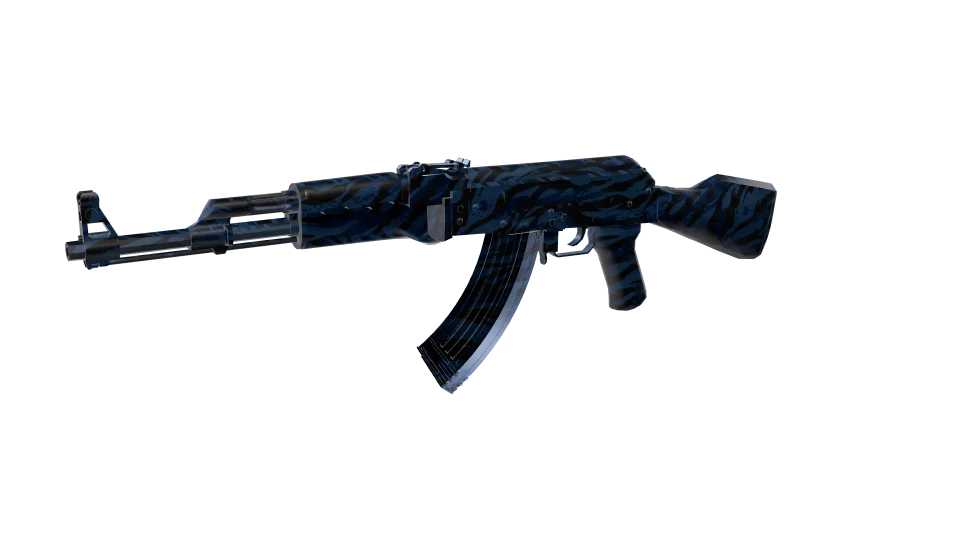Blue Tiger camo on an AK-47, front three-quarter view