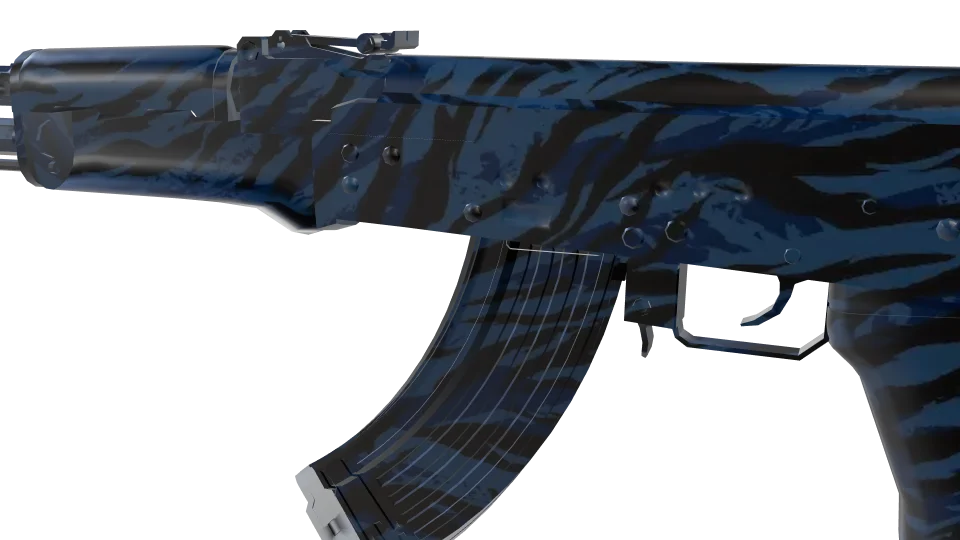 Blue Tiger camo on an AK-47, close-up of the receiver and magazine