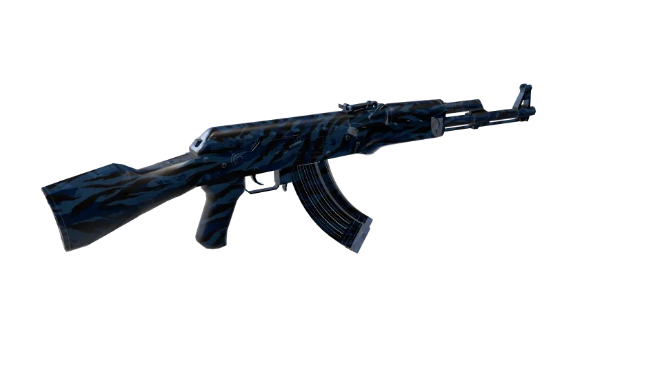 Blue Tiger camo on an AK-47, rear three-quarter view