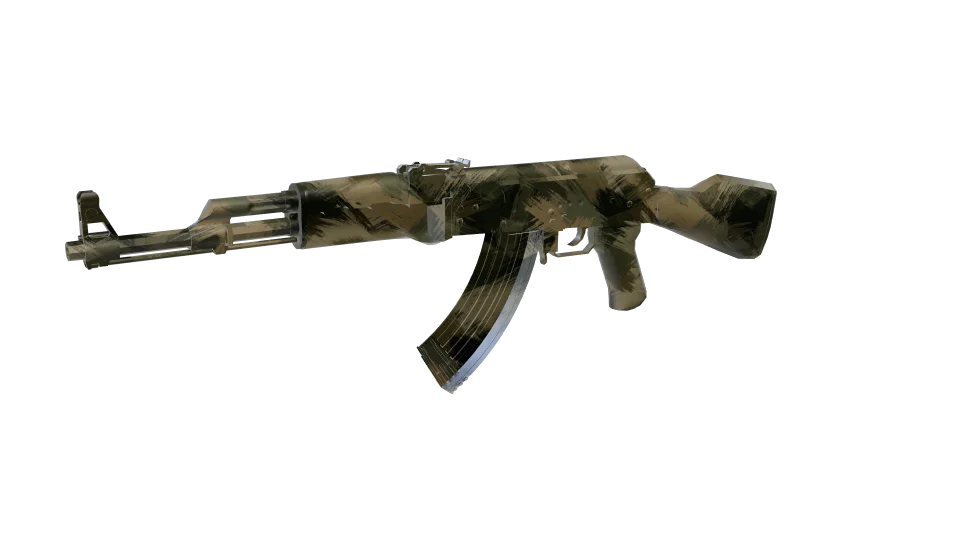 Brushstroke camo on an AK-47, front three-quarter view
