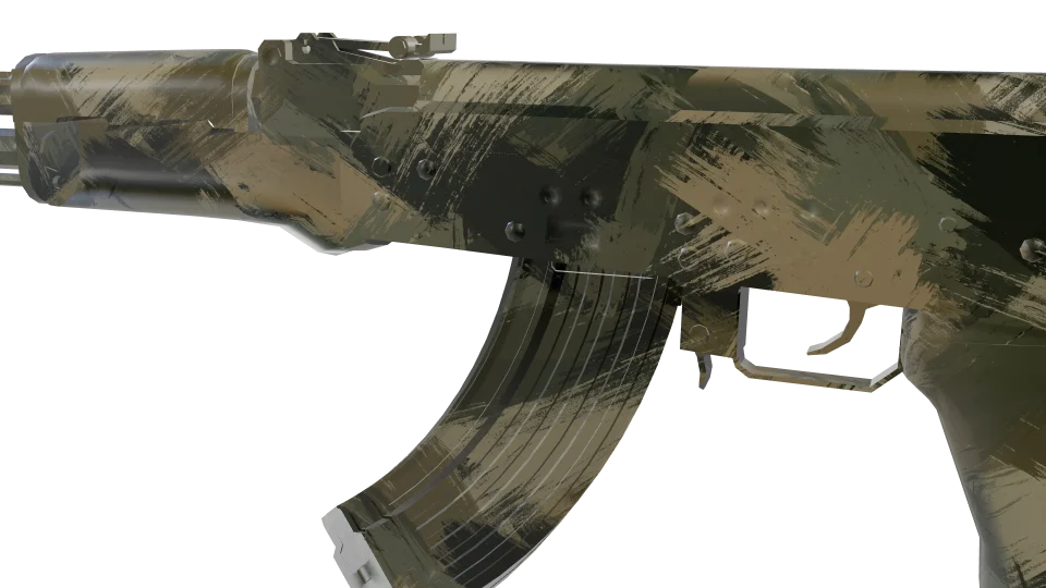 Brushstroke camo on an AK-47, close-up of the receiver and magazine