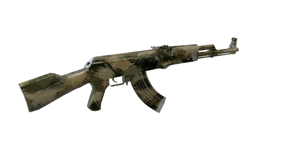 Brushstroke camo on an AK-47, rear three-quarter view