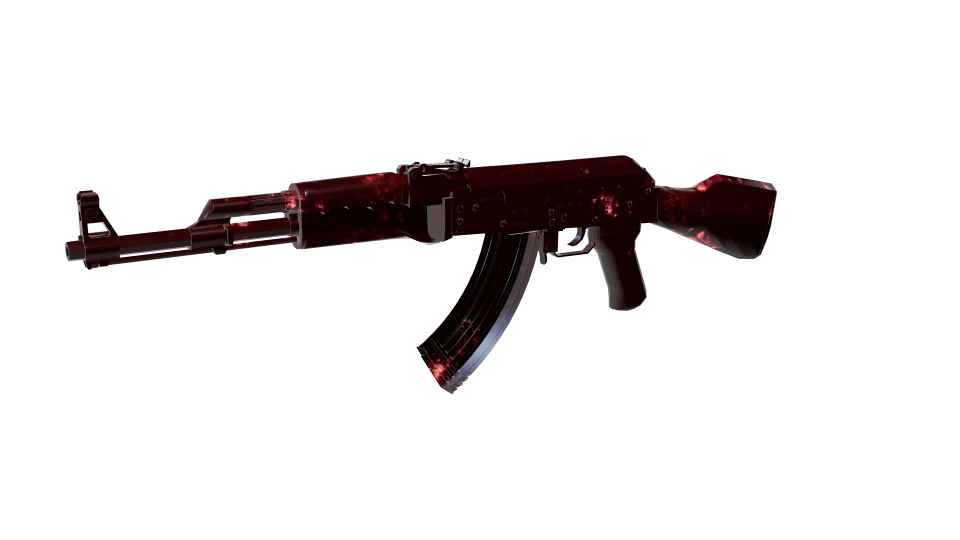 Chiral camo on an AK-47, front three-quarter view