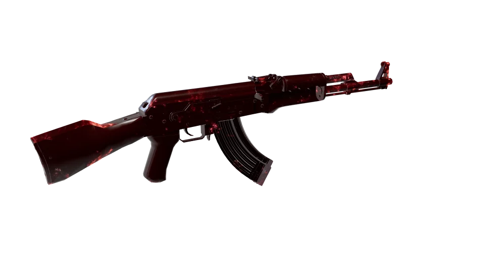 Chiral camo on an AK-47, rear three-quarter view