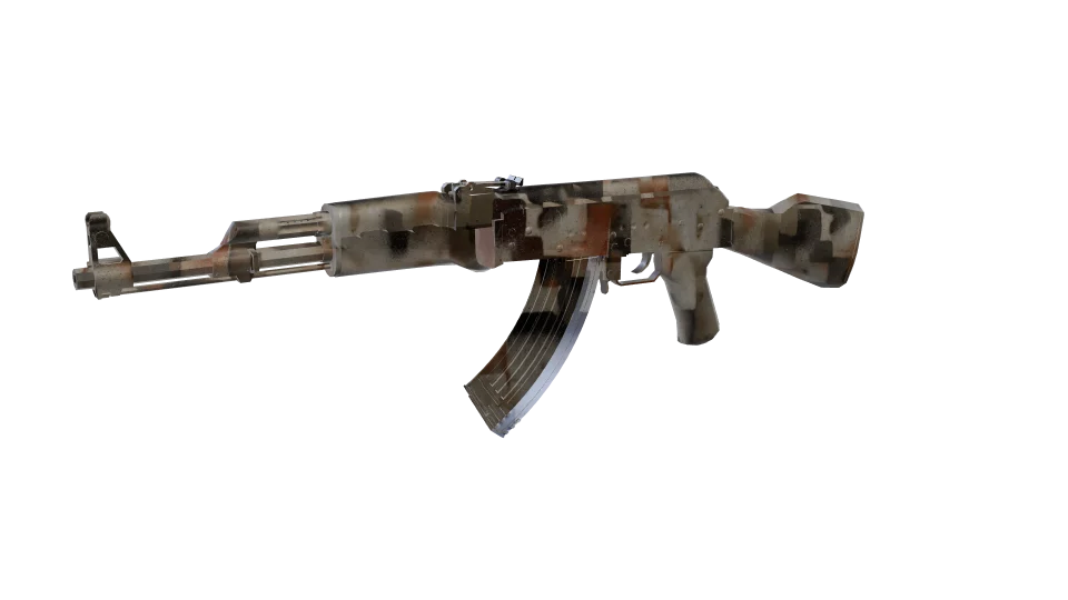 Corrupted Clay camo on an AK-47, front three-quarter view