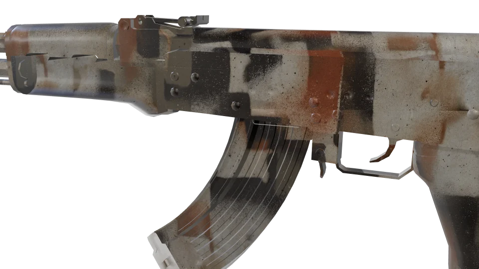 Corrupted Clay camo on an AK-47, close-up of the receiver and magazine
