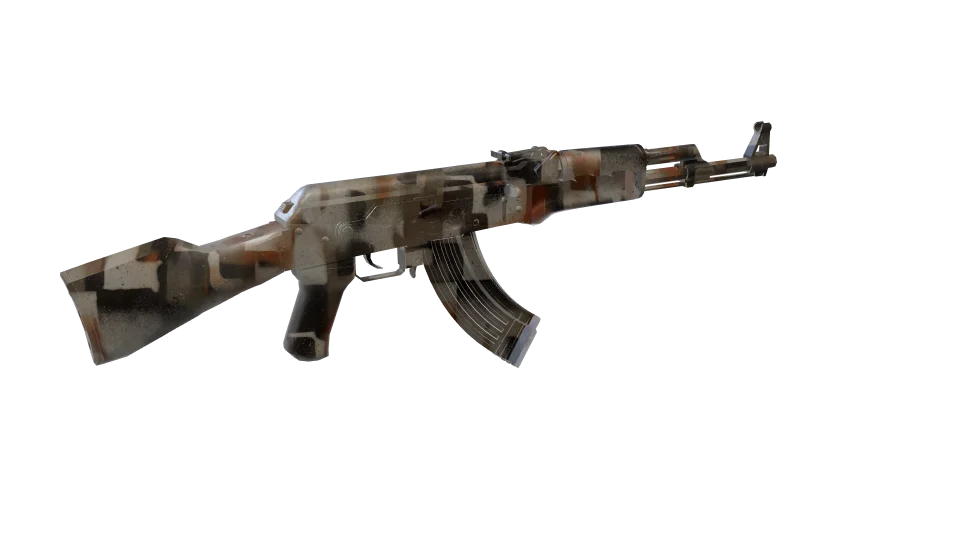 Corrupted Clay camo on an AK-47, rear three-quarter view