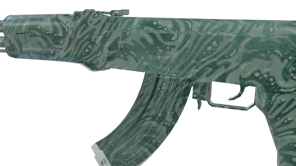 Currents camo on an AK-47, close-up of the receiver and magazine