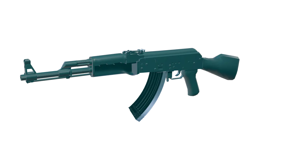 Cyan camo on an AK-47, front three-quarter view
