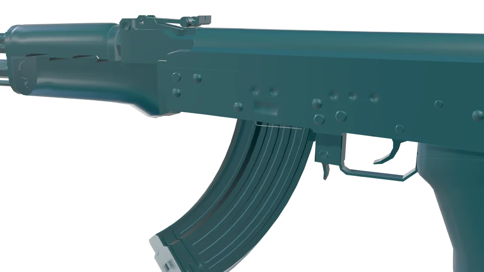 Cyan camo on an AK-47, close-up of the receiver and magazine