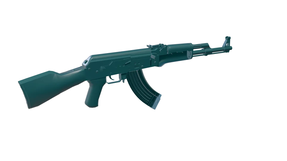Cyan camo on an AK-47, rear three-quarter view