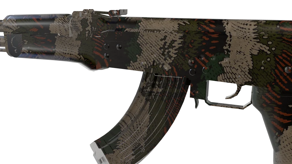 Dapple Cast camo on an AK-47, close-up of the receiver and magazine