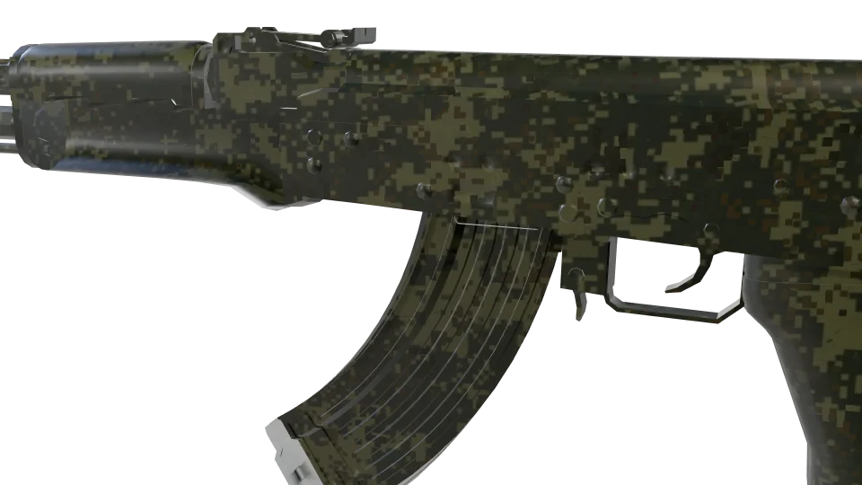 Dark Moss camo on an AK-47, close-up of the receiver and magazine