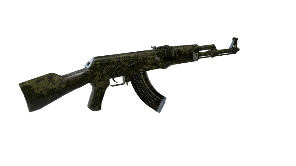 Dark Moss camo on an AK-47, rear three-quarter view