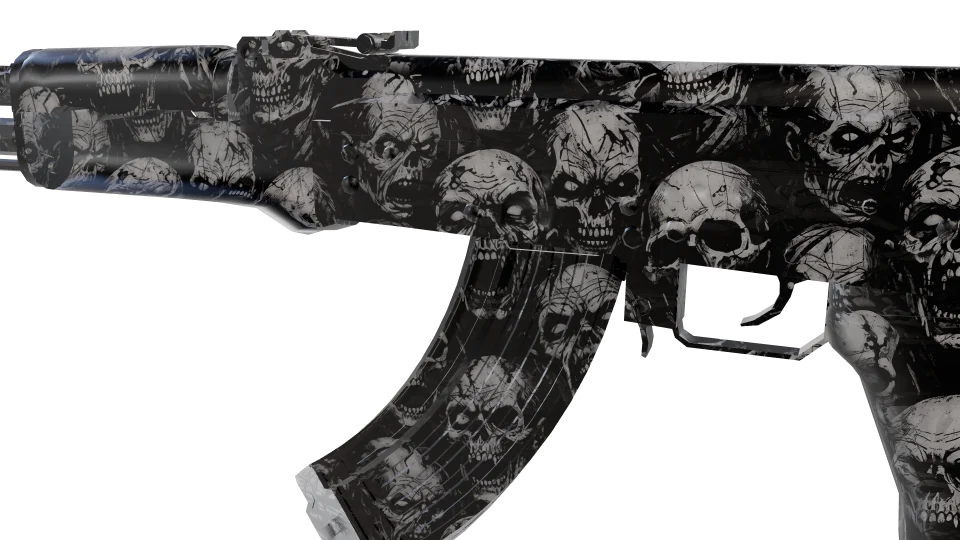 Deathbed camo on an AK-47, close-up of the receiver and magazine