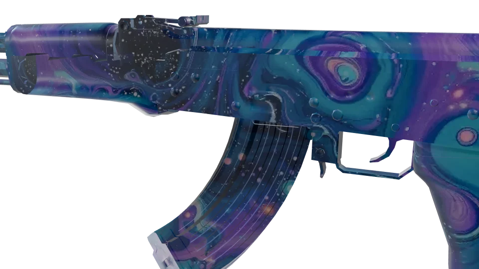 Deep Space camo on an AK-47, close-up of the receiver and magazine