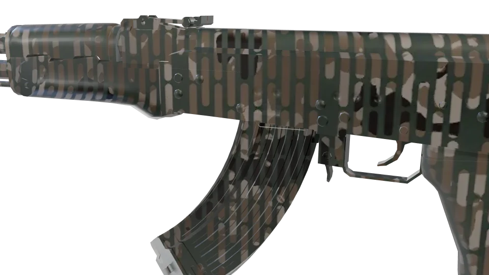 Desert Tactics camo on an AK-47, close-up of the receiver and magazine
