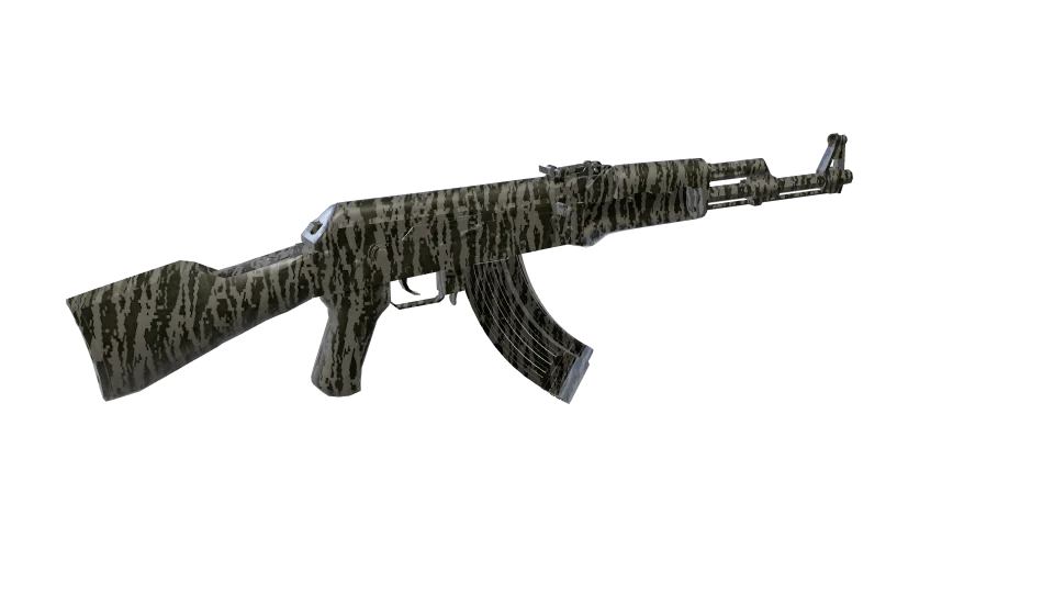 Digi Bark camo on an AK-47, rear three-quarter view