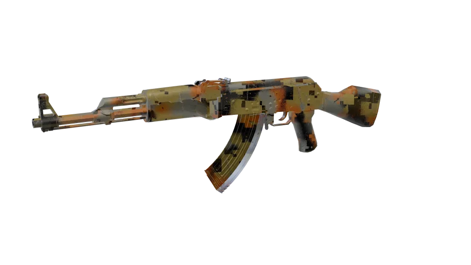 Digital Fall camo on an AK-47, front three-quarter view