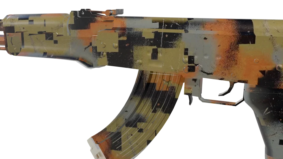 Digital Fall camo on an AK-47, close-up of the receiver and magazine