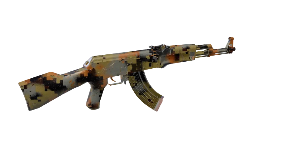 Digital Fall camo on an AK-47, rear three-quarter view