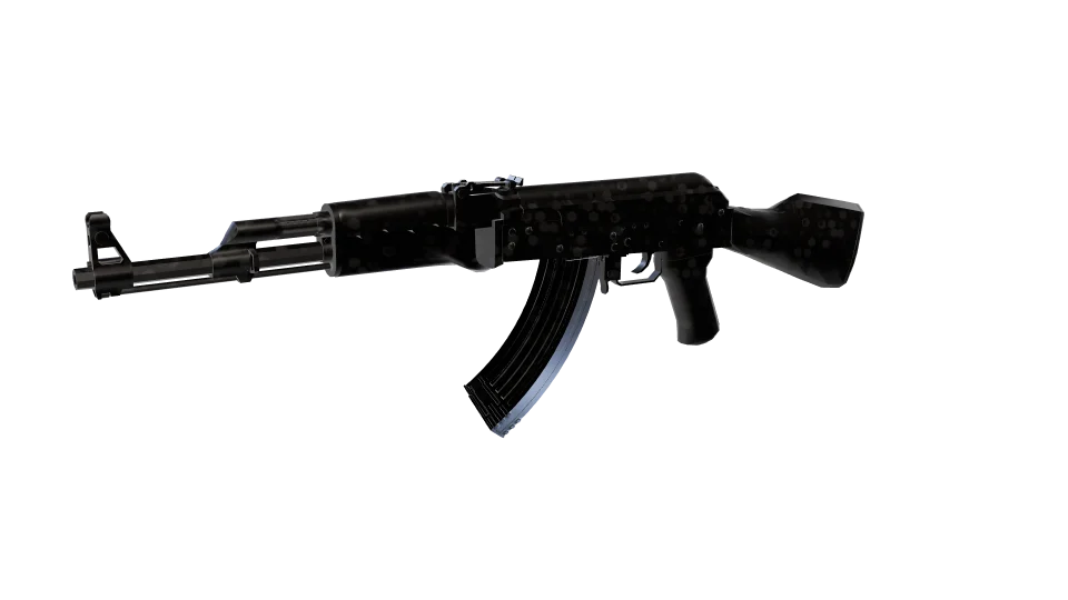 Disperse camo on an AK-47, front three-quarter view