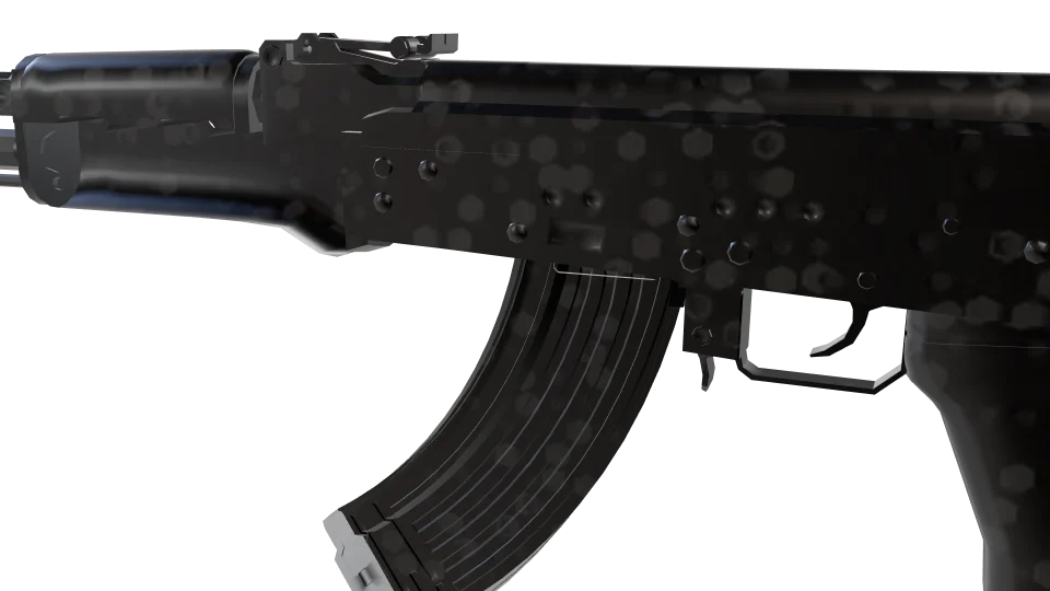 Disperse camo on an AK-47, close-up of the receiver and magazine
