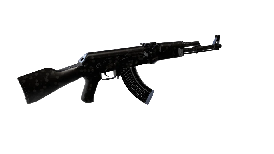 Disperse camo on an AK-47, rear three-quarter view