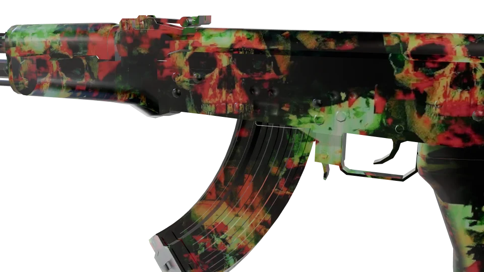 Dread Plague camo on an AK-47, close-up of the receiver and magazine