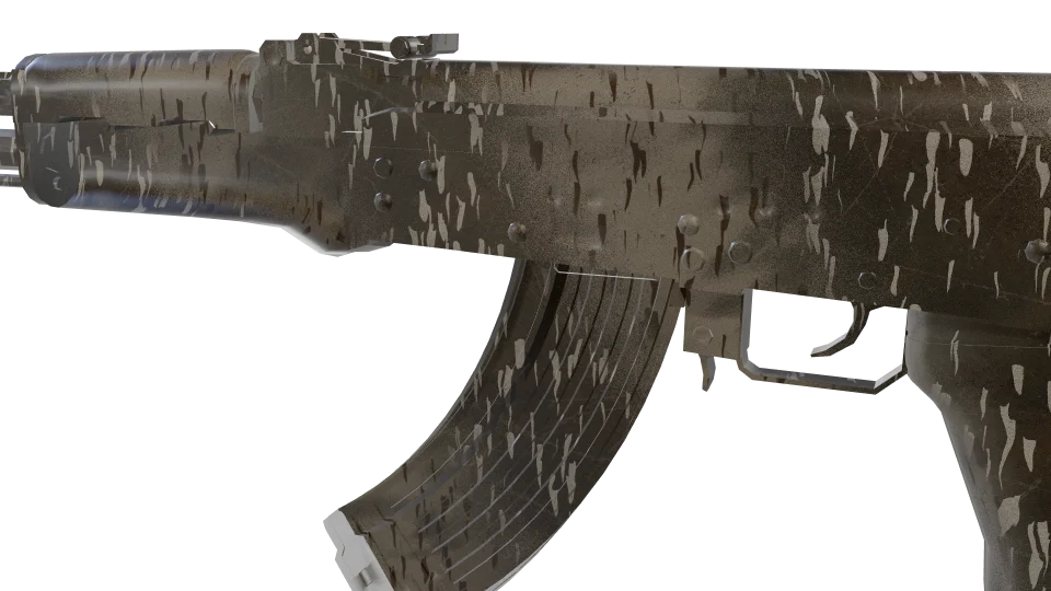 Dry Brush camo on an AK-47, close-up of the receiver and magazine