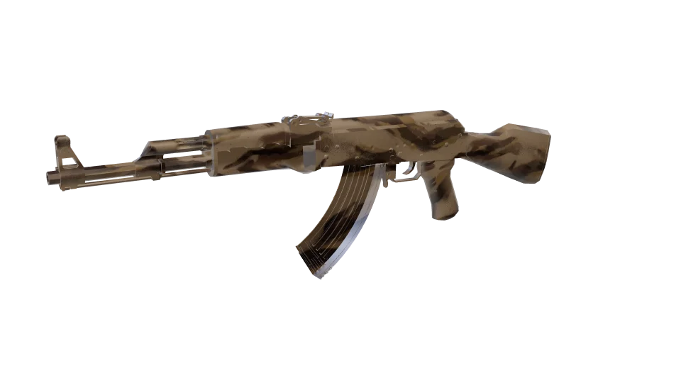 Dune Sea camo on an AK-47, front three-quarter view