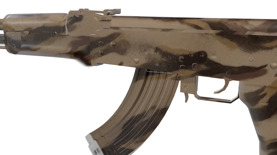 Dune Sea camo on an AK-47, close-up of the receiver and magazine